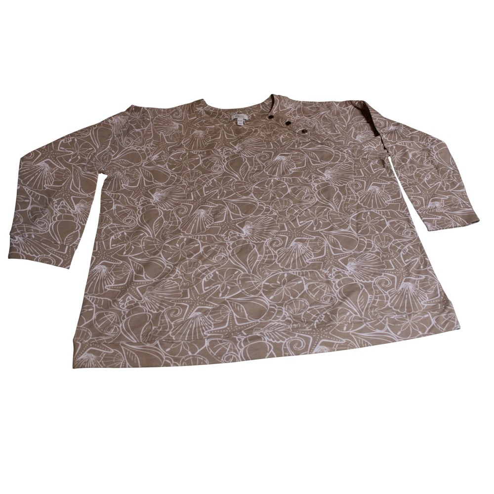 Denim & Co Active Womens 3X Seashell Starfish Print Button Shoulder Sweatshirt
